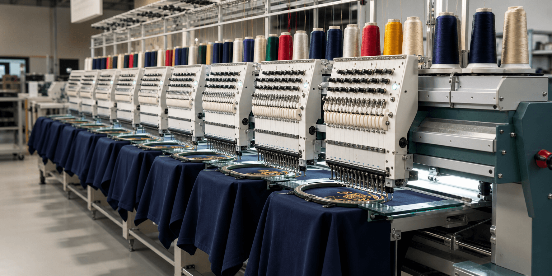 Commercial multi-head embroidery machine in production